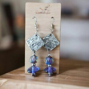 BOHO Blue Purple‎ Crystal and Silver-Plated Hammered Earrings Hand Crafted
